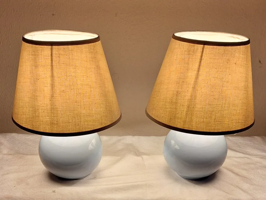 New Pamono Vintage Bedside Lamps with Blue Ceramic Base and Beige Fabric Shade, 1990s, Set of 2