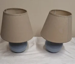 New Pamono Vintage Bedside Lamps with Blue Ceramic Base and Beige Fabric Shade, 1990s, Set of 2