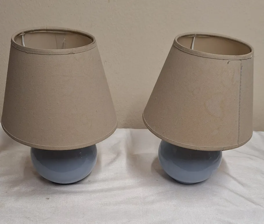 New Pamono Vintage Bedside Lamps with Blue Ceramic Base and Beige Fabric Shade, 1990s, Set of 2