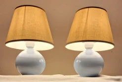 New Pamono Vintage Bedside Lamps with Blue Ceramic Base and Beige Fabric Shade, 1990s, Set of 2