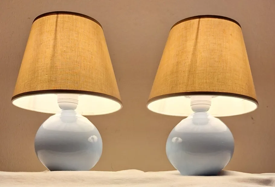 New Pamono Vintage Bedside Lamps with Blue Ceramic Base and Beige Fabric Shade, 1990s, Set of 2