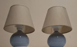 New Pamono Vintage Bedside Lamps with Blue Ceramic Base and Beige Fabric Shade, 1990s, Set of 2