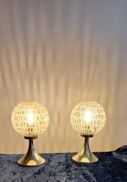 Clearance Pamono Vintage Bedside Lamps with Gold-Colored Plastic Base and Round Tinted, Patterned Glass Shade, 1970s, Set of 2