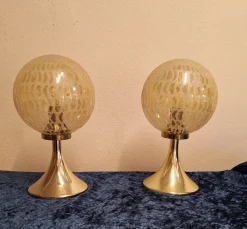Clearance Pamono Vintage Bedside Lamps with Gold-Colored Plastic Base and Round Tinted, Patterned Glass Shade, 1970s, Set of 2
