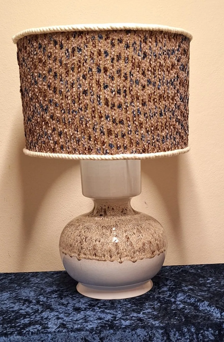 Clearance Pamono Vintage Beige-Brown Gradient Glazed Ceramic Table Lamp with Handmade Fabric Shade, 1970s