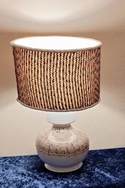 Clearance Pamono Vintage Beige-Brown Gradient Glazed Ceramic Table Lamp with Handmade Fabric Shade, 1970s
