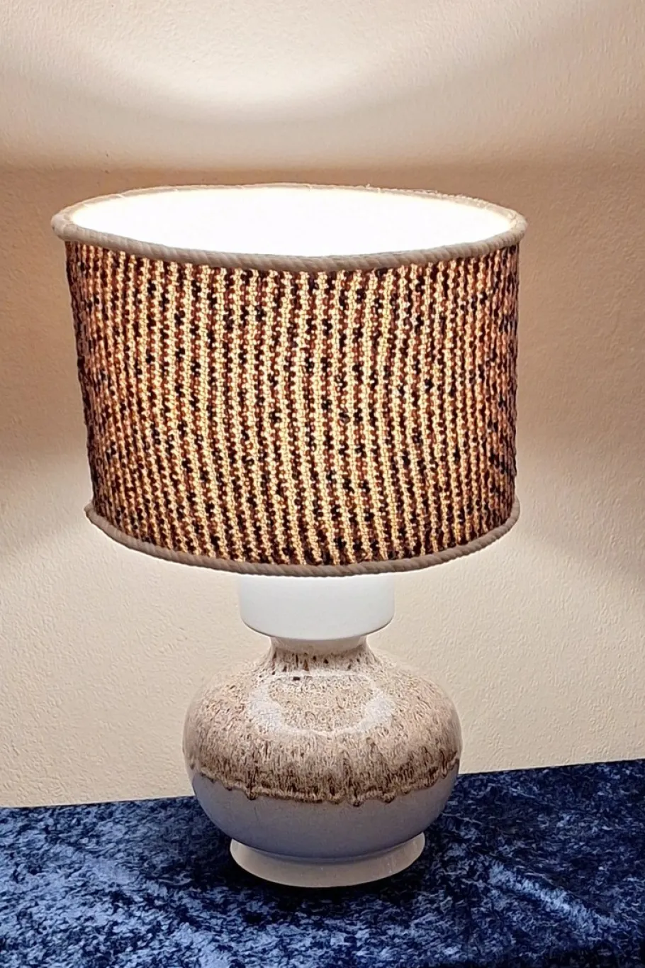Clearance Pamono Vintage Beige-Brown Gradient Glazed Ceramic Table Lamp with Handmade Fabric Shade, 1970s