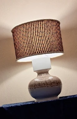 Clearance Pamono Vintage Beige-Brown Gradient Glazed Ceramic Table Lamp with Handmade Fabric Shade, 1970s