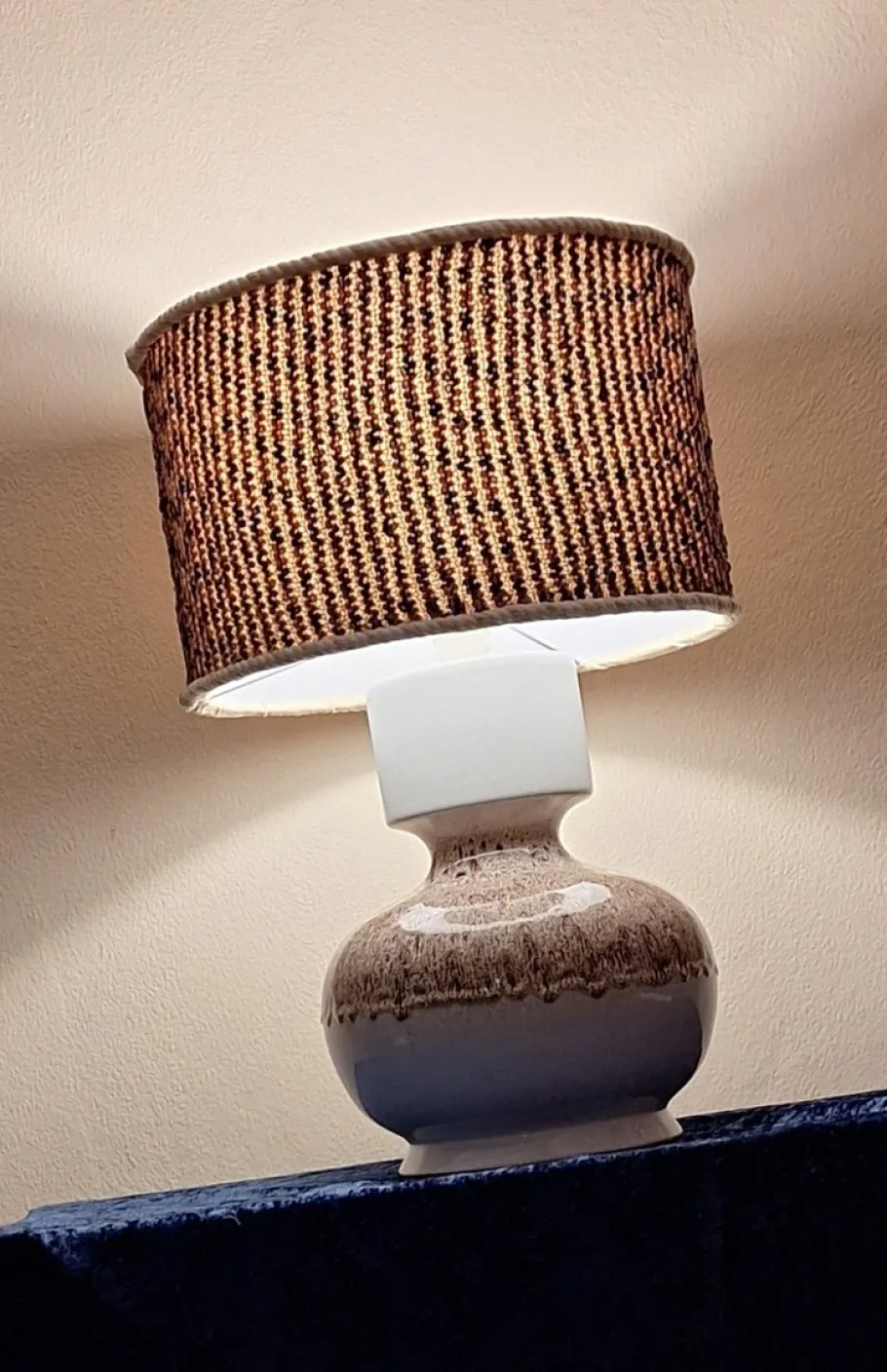 Clearance Pamono Vintage Beige-Brown Gradient Glazed Ceramic Table Lamp with Handmade Fabric Shade, 1970s