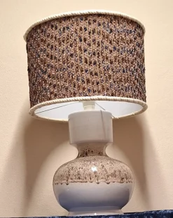 Clearance Pamono Vintage Beige-Brown Gradient Glazed Ceramic Table Lamp with Handmade Fabric Shade, 1970s
