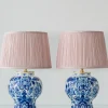 Pamono Vintage Blue and White Ceramic Table Lamps with New Pink Silk Lampshades from Royal Delft, 1980s, Set of 2