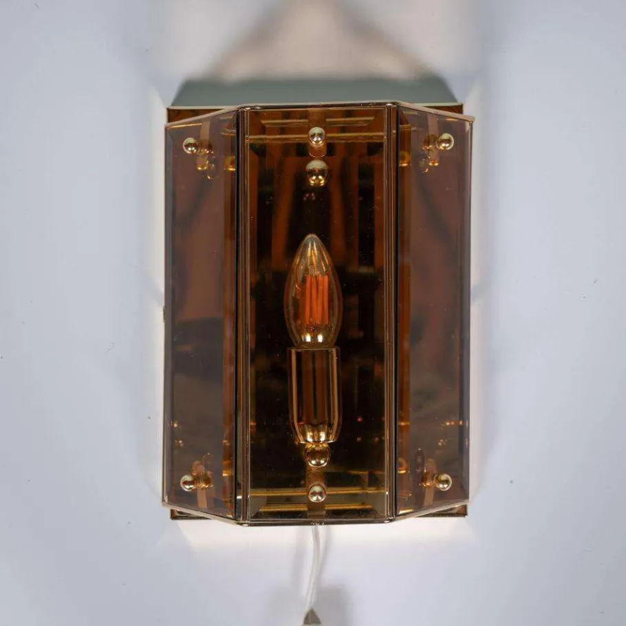 Hot Pamono Vintage Brass & Smoked Glass Wall Lamp