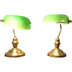 Clearance Pamono Vintage Brass and Green Glass Bankers Lamps, 1980, Set of 2