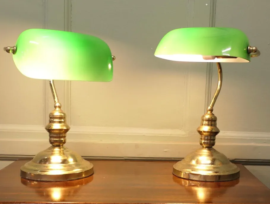 Clearance Pamono Vintage Brass and Green Glass Bankers Lamps, 1980, Set of 2