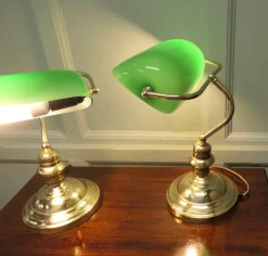Clearance Pamono Vintage Brass and Green Glass Bankers Lamps, 1980, Set of 2