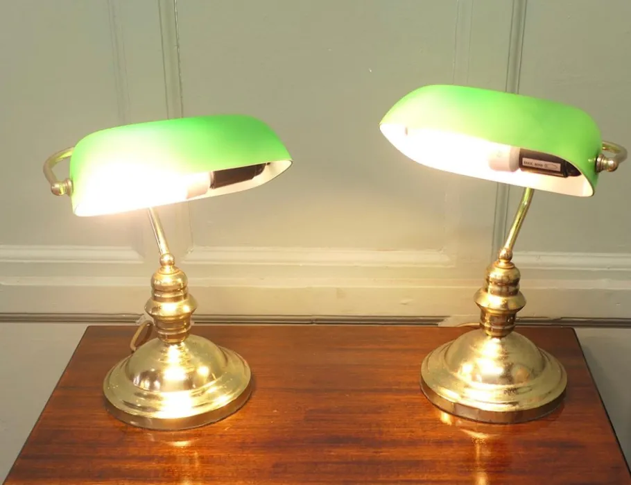 Clearance Pamono Vintage Brass and Green Glass Bankers Lamps, 1980, Set of 2
