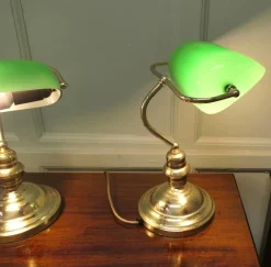 Clearance Pamono Vintage Brass and Green Glass Bankers Lamps, 1980, Set of 2