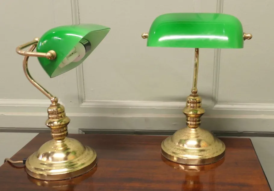 Clearance Pamono Vintage Brass and Green Glass Bankers Lamps, 1980, Set of 2