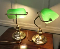 Clearance Pamono Vintage Brass and Green Glass Bankers Lamps, 1980, Set of 2