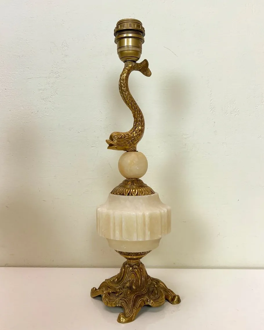 Sale Pamono Vintage Brass and Marble Dolphin Table Lamp, France, 1950s