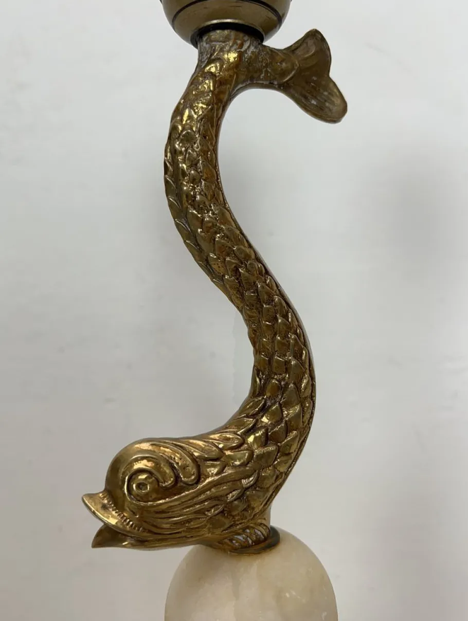 Sale Pamono Vintage Brass and Marble Dolphin Table Lamp, France, 1950s