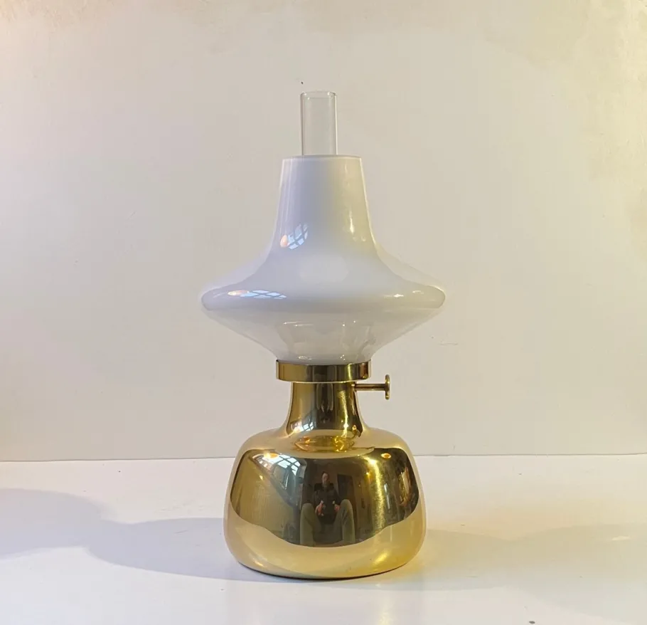 Outlet Pamono Vintage Brass and Opaline Glass Oil Lamp by Henning Koppel for Louis Poulsen, 1960s