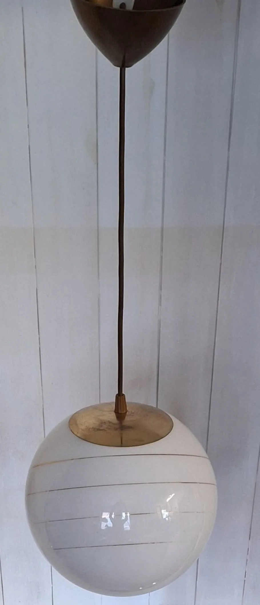 Best Pamono Vintage Brass Ceiling Lamp with Spherical White Glass Shade and Gilt Decoration, 1970s