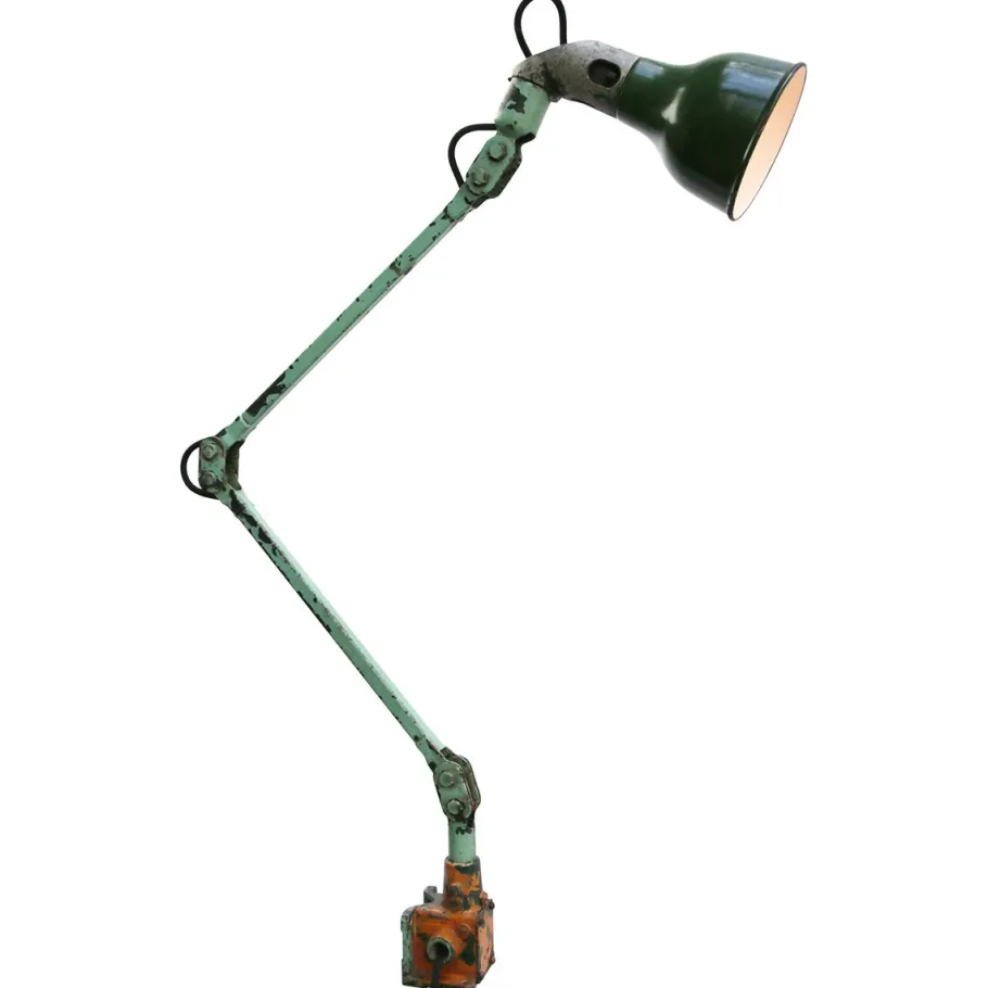 Pamono Vintage British Industrial Green Metal 2-Arm Machinist Work Desk Light by Mek Elek