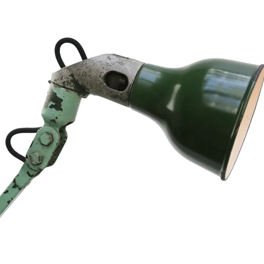 Pamono Vintage British Industrial Green Metal 2-Arm Machinist Work Desk Light by Mek Elek
