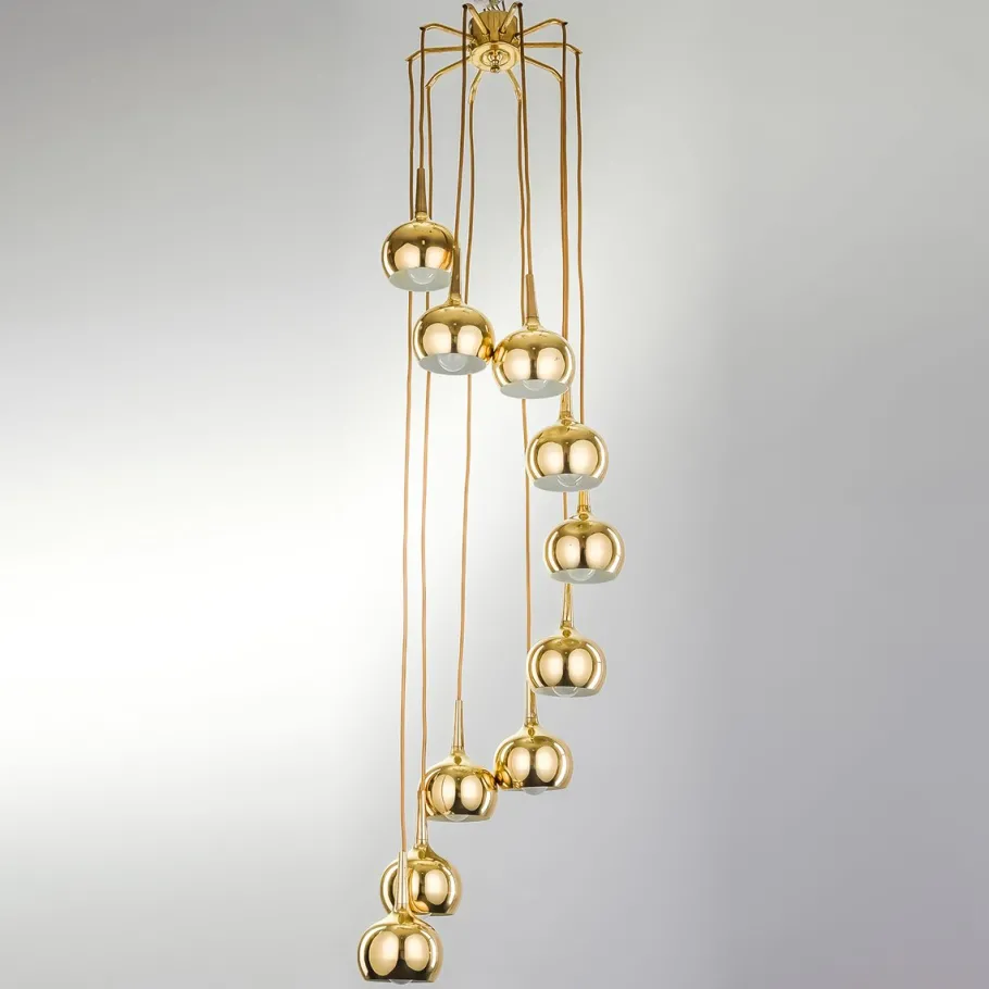 Sale Pamono Vintage Cascade Pendant Lamp with 10 Brass Teardrop Lampshades attributed to Hans-Agne Jakobsson for Markaryd, Sweden, 1970s