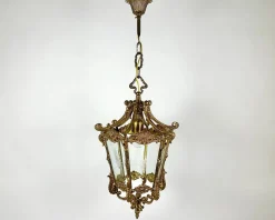 Discount Pamono Vintage Ceiling Lantern in Bronze with Etched Glass Panels, 1930s