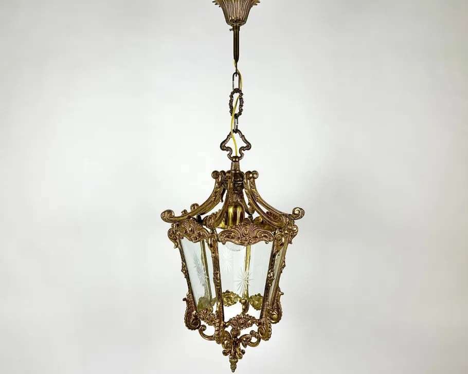 Discount Pamono Vintage Ceiling Lantern in Bronze with Etched Glass Panels, 1930s