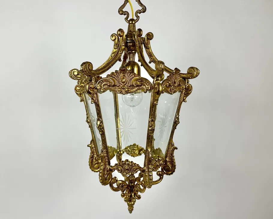 Discount Pamono Vintage Ceiling Lantern in Bronze with Etched Glass Panels, 1930s