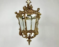 Discount Pamono Vintage Ceiling Lantern in Bronze with Etched Glass Panels, 1930s