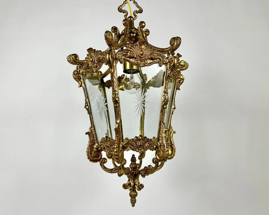 Discount Pamono Vintage Ceiling Lantern in Bronze with Etched Glass Panels, 1930s