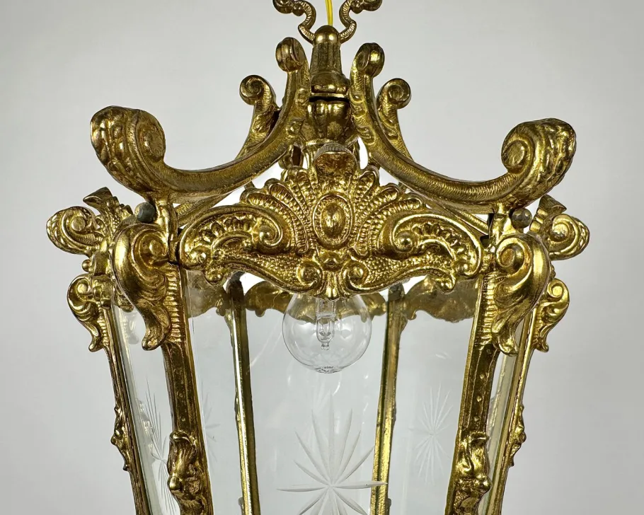 Discount Pamono Vintage Ceiling Lantern in Bronze with Etched Glass Panels, 1930s