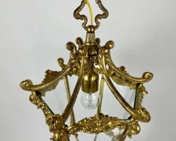 Discount Pamono Vintage Ceiling Lantern in Bronze with Etched Glass Panels, 1930s