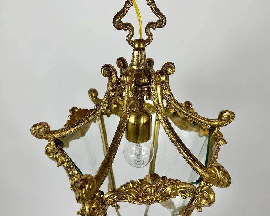 Discount Pamono Vintage Ceiling Lantern in Bronze with Etched Glass Panels, 1930s