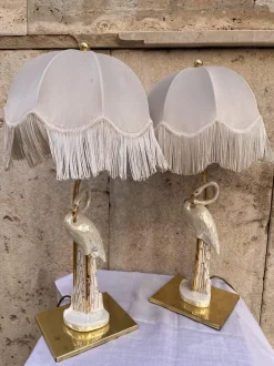 Hot Pamono Vintage Ceramic and Brass Flamingo Lamps, 1970, Set of 2