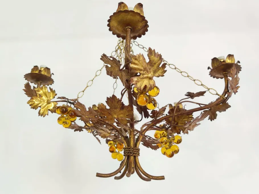 New Pamono Vintage Chandelier with Grapevine Leaves and Murano Glass from Ferro Art, 1970s