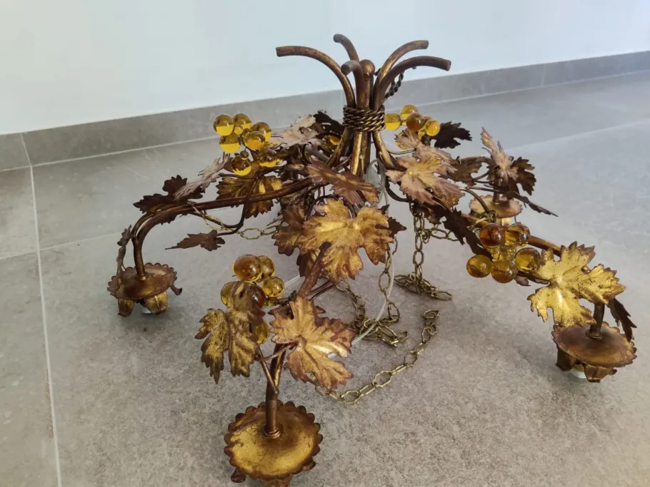 New Pamono Vintage Chandelier with Grapevine Leaves and Murano Glass from Ferro Art, 1970s