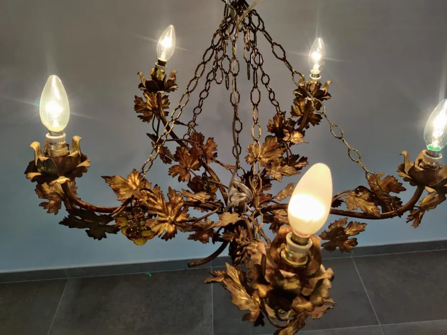 New Pamono Vintage Chandelier with Grapevine Leaves and Murano Glass from Ferro Art, 1970s