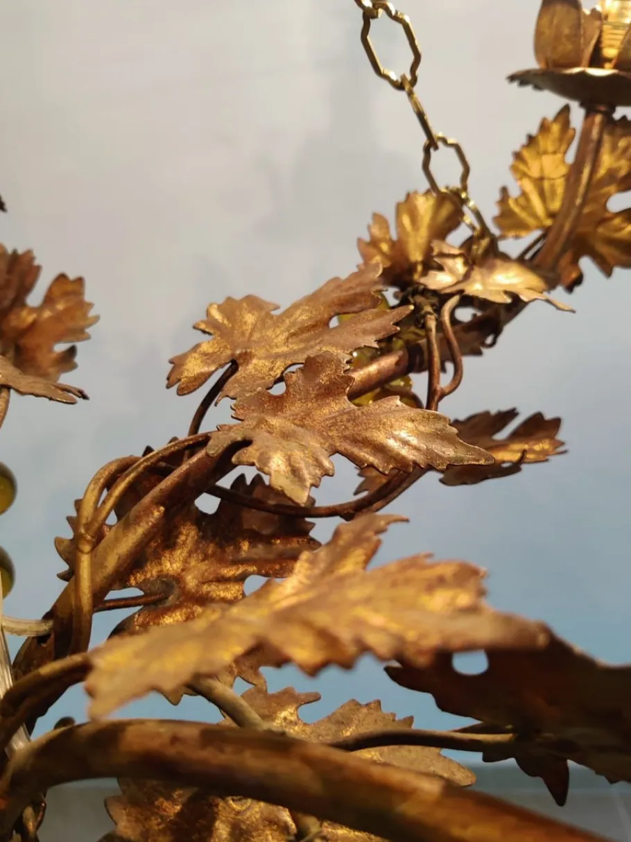 New Pamono Vintage Chandelier with Grapevine Leaves and Murano Glass from Ferro Art, 1970s