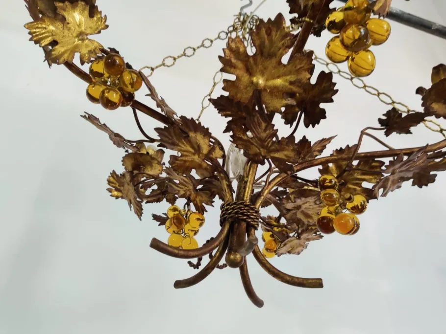 New Pamono Vintage Chandelier with Grapevine Leaves and Murano Glass from Ferro Art, 1970s
