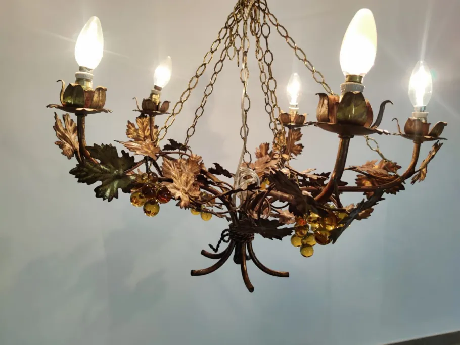 New Pamono Vintage Chandelier with Grapevine Leaves and Murano Glass from Ferro Art, 1970s