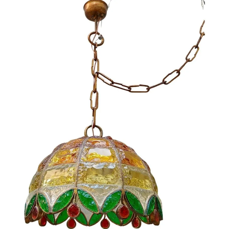 Pamono Vintage Chiseled Iron and Glass Pendant, 1960s