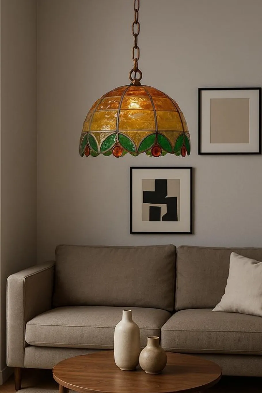 Pamono Vintage Chiseled Iron and Glass Pendant, 1960s