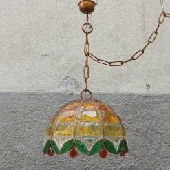 Pamono Vintage Chiseled Iron and Glass Pendant, 1960s