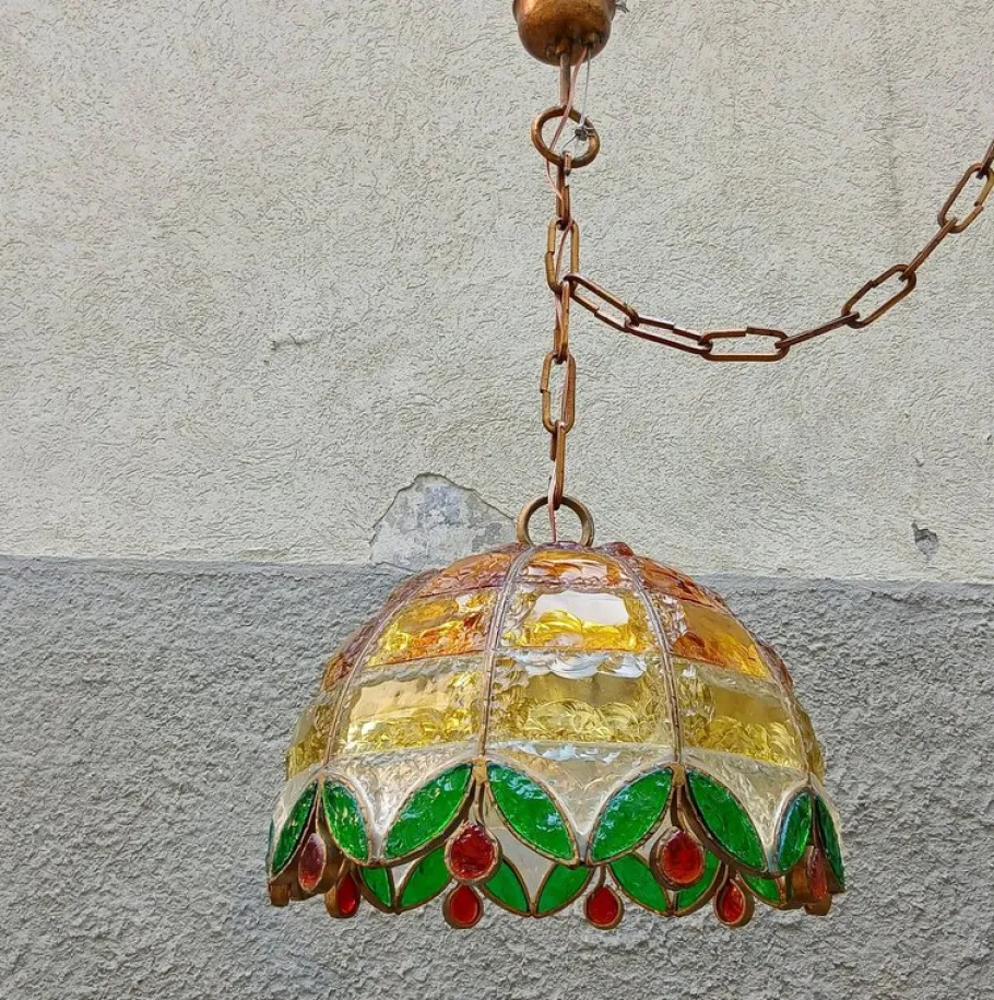 Pamono Vintage Chiseled Iron and Glass Pendant, 1960s