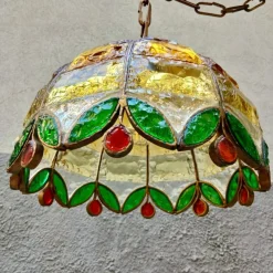 Pamono Vintage Chiseled Iron and Glass Pendant, 1960s